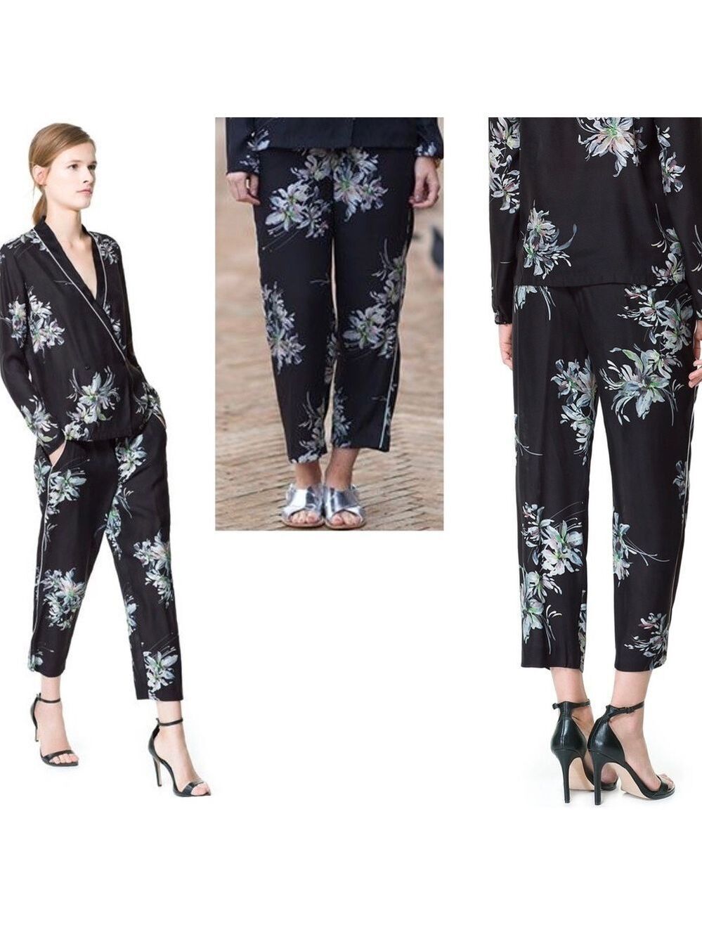 Zara black floral flower print Pajama pants Sz M